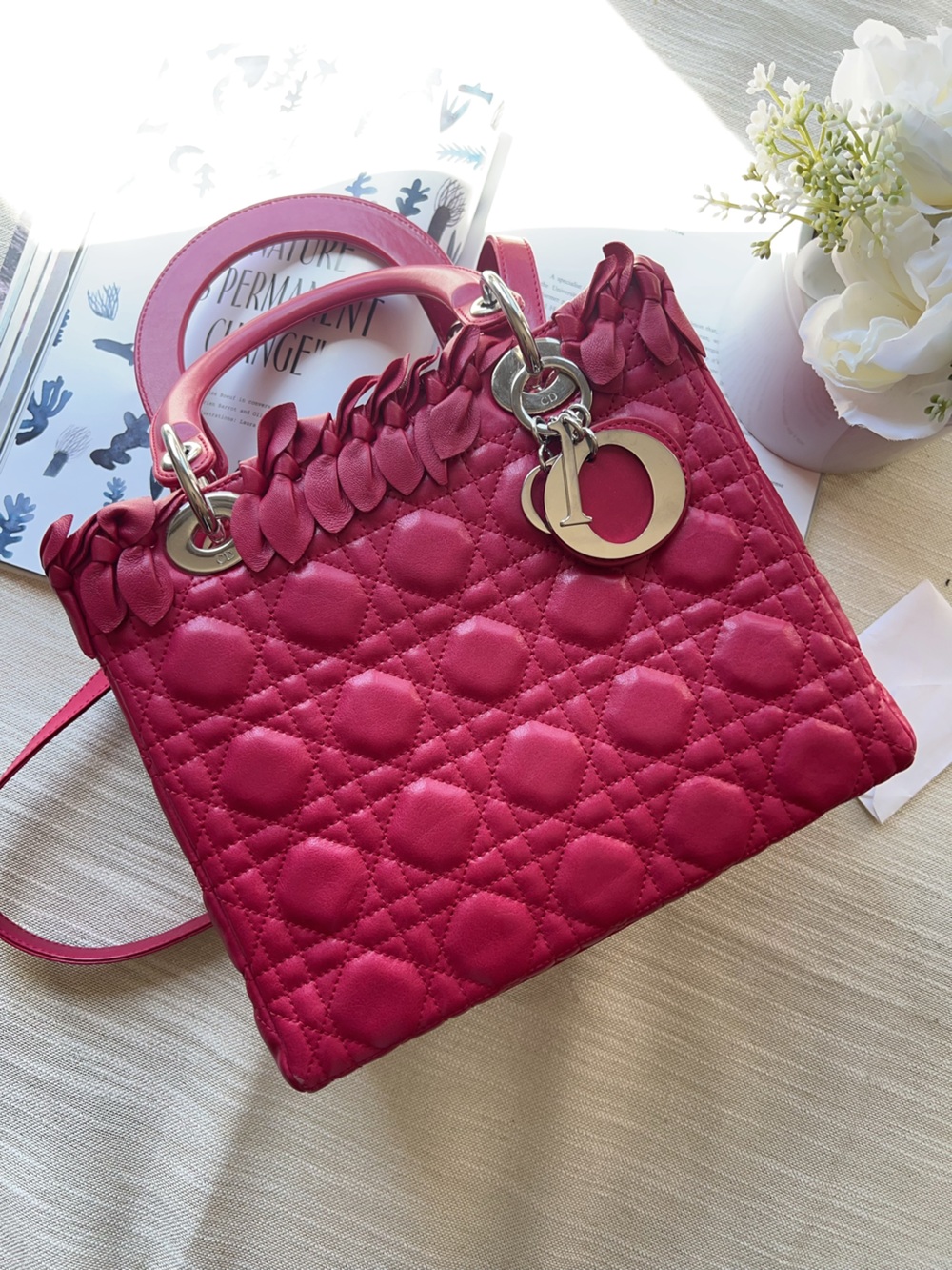 Dior Lambskin Cannage Bow Medium Lady Dior Fuchsia